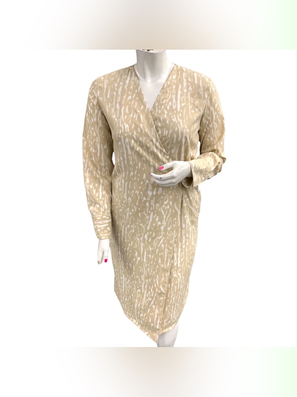 Calvin Klein Beige Printed Wrap-Style Long Sleeve Dress Size L